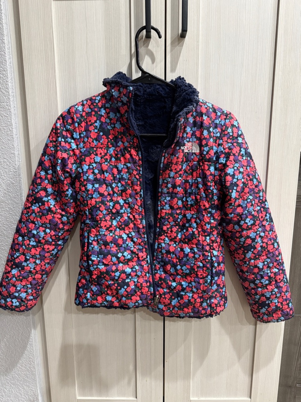 The North Face Kids Floral Navy Puff Jacket with Red & Blue Flowers
